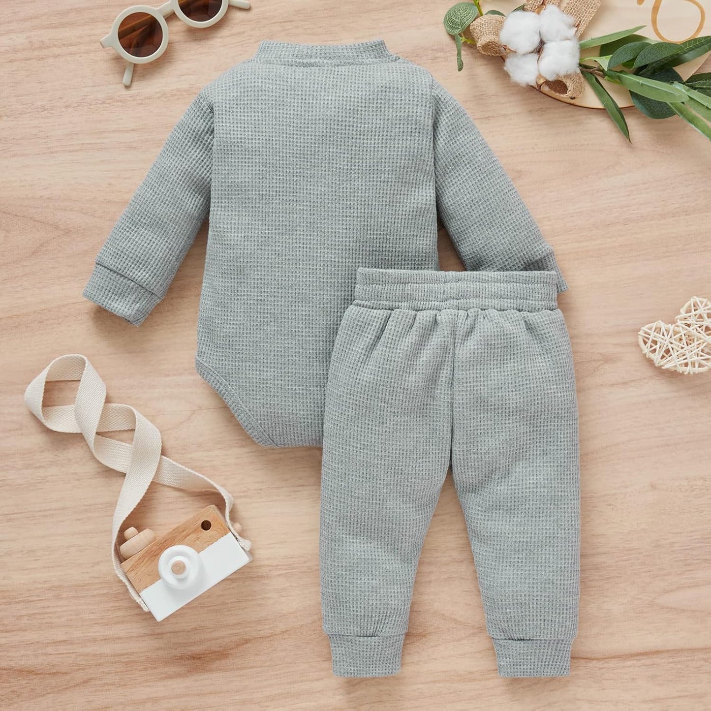 Winter Newborn Baby Boy Girl Clothes Set Ribbed Outfits Unisex Infant Solid Cotton Button Long Sleeve Tops Pants 2PCS