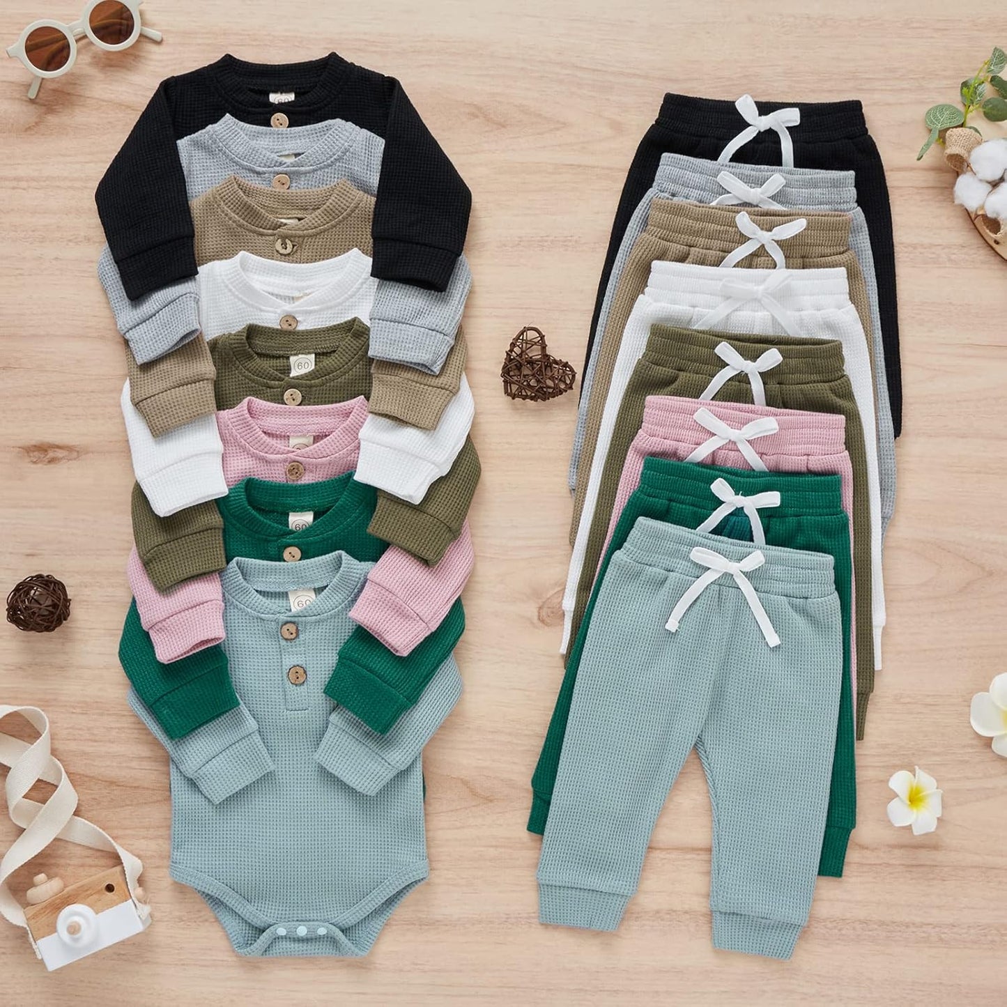 Winter Newborn Baby Boy Girl Clothes Set Ribbed Outfits Unisex Infant Solid Cotton Button Long Sleeve Tops Pants 2PCS