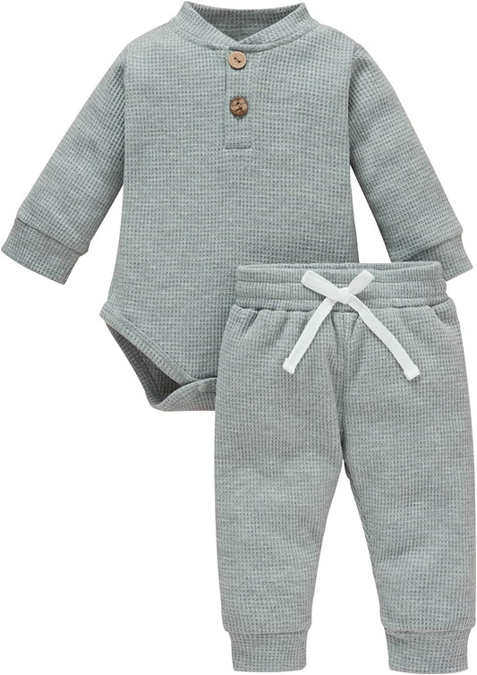 Winter Newborn Baby Boy Girl Clothes Set Ribbed Outfits Unisex Infant Solid Cotton Button Long Sleeve Tops Pants 2PCS